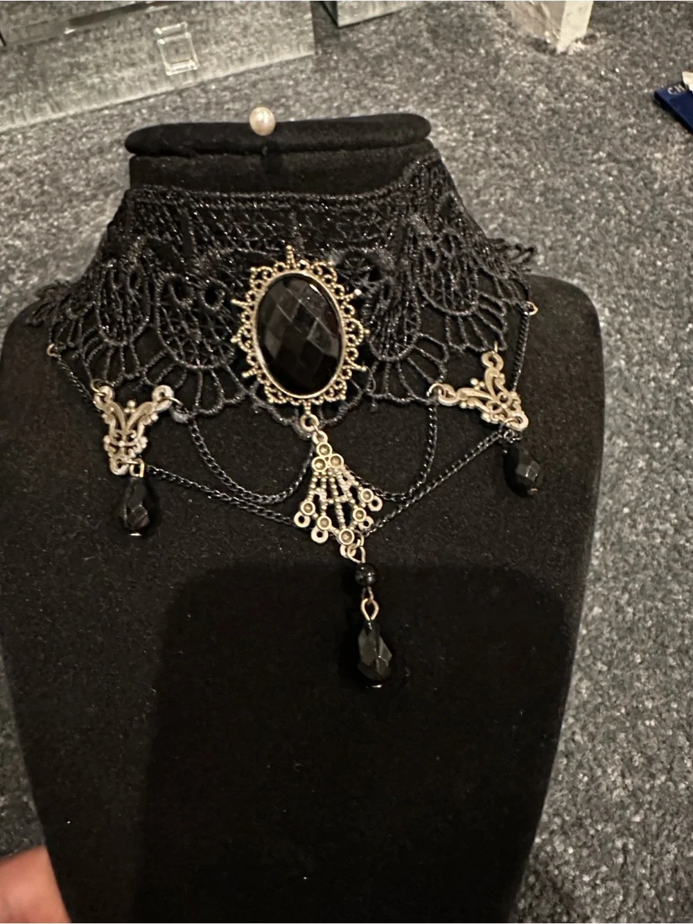 Victorian-Inspired Black Lace Choker Necklace with Gold Accents Chocker